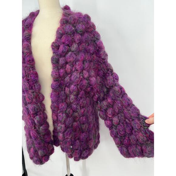 Handmade Mohair 3D Knit Bubble Open Cardigan Sweater Purple Chunky Long Pocket - Picture 2 of 13